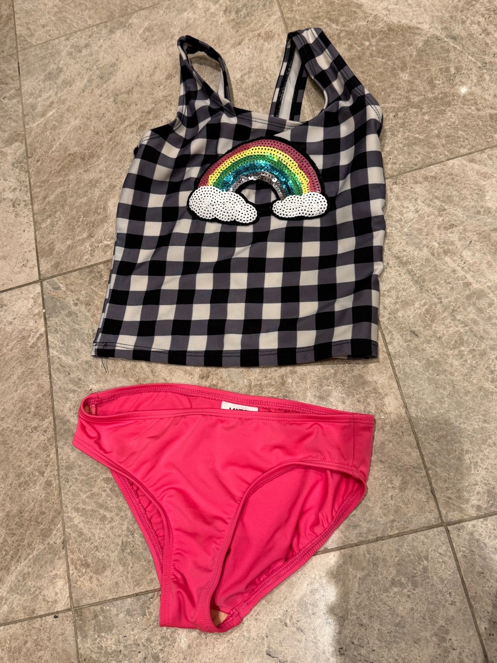 Cat & Jack Black & White Gingham Tankini Top with Land’s End Bright Pink Bottoms